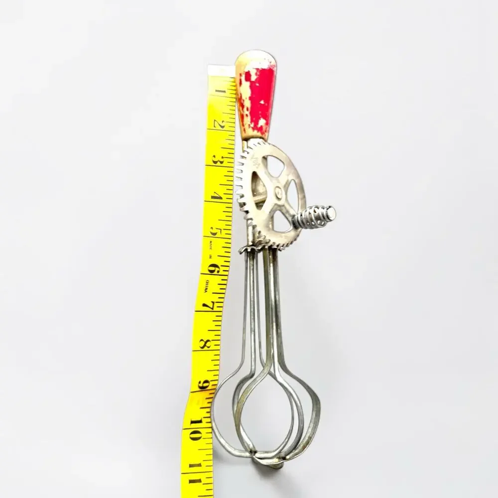 Vintage Red Handle Hand Crank Egg Beater Mixer Wood Handle Farmhouse Kitchen